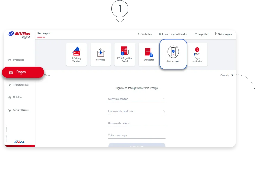 Recarga tu celular desde AV Villas paso 1