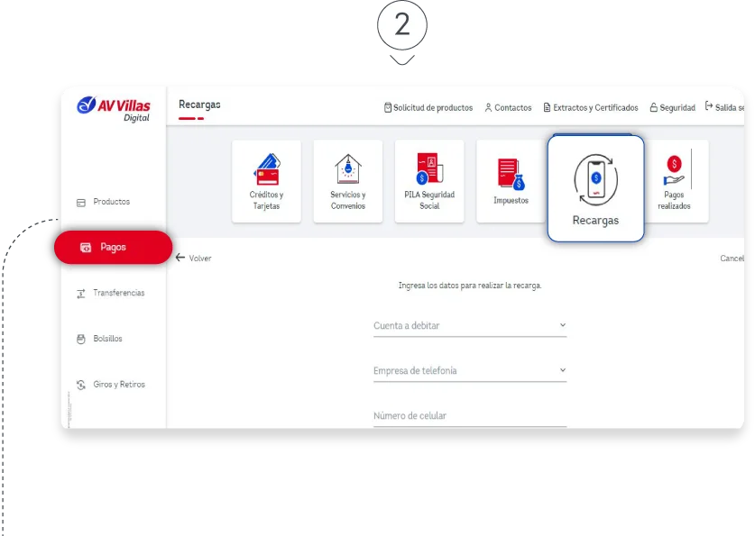 Recarga tu celular desde AV Villas paso 2