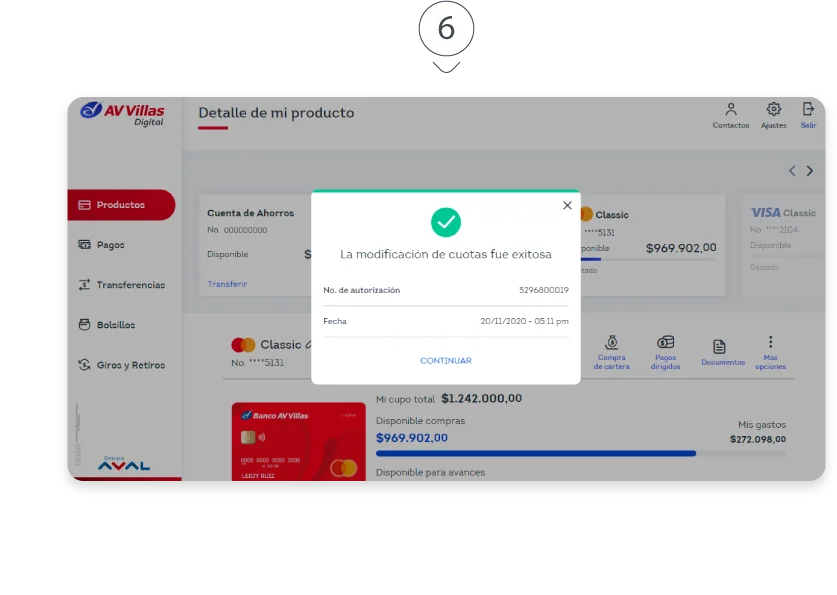 Modifica cuotas en compras o avances, en la banca digital PASO 6