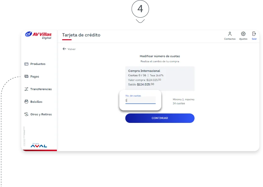 Modifica cuotas en compras o avances, en la banca digital PASO 4